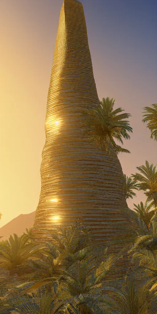 Image similar to eye level view of a contemporary golden detailed babylon tower, fantasy, golden hour, photorealism, arid mountains and palm forest, unreal engine