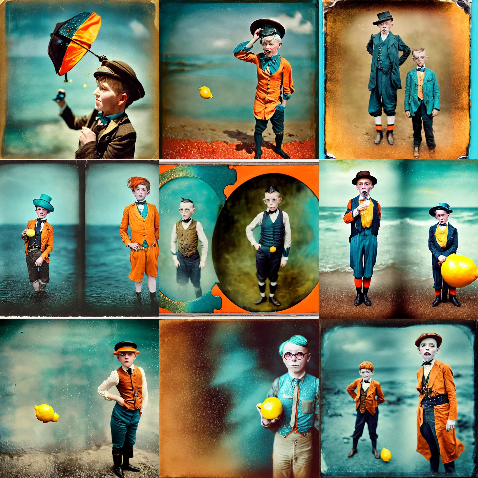 Image similar to kodak portra 4 0 0, wetplate, motion blur, portrait photo of a spitting 8 year old steampunk boy in the 1 9 2 0 s at the sea, wearing a lemon, marilyn manson, 1 9 2 0 s cloth hair, coloured in teal and orange, muted colours, by britt marling, glitter storm