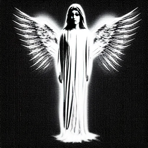 Prompt: vhs static overlay of angel apparition, vhs, 1 9 9 0, beautiful, highly realistic, highly detailed, vhs noise static, black and white, vhs glitch