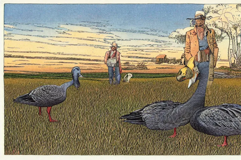 Image similar to country road store goose by moebius