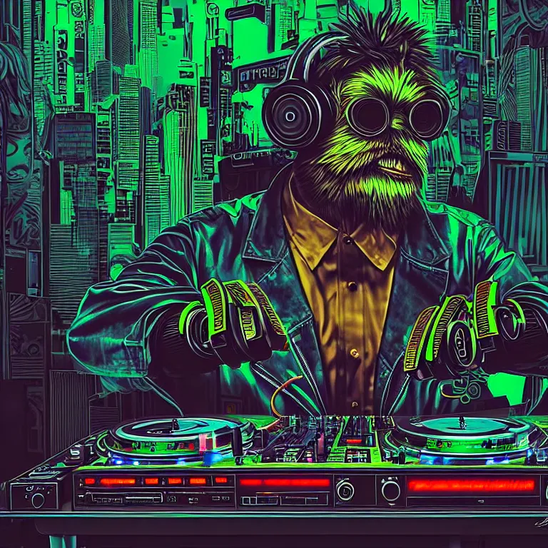 Image similar to a photograph portrait of an anthropomorphic cyberpunk bigfoot dj at the turntables spinning records, detailed render, tape deck, boombox, headphones, epic composition, cybernetics, 4 k realistic, cryengine, realistic shaded lighting, sharp focus, masterpiece, by matteo scalera, gary montalbano, peter elson in the style of the tokyo ghost comic