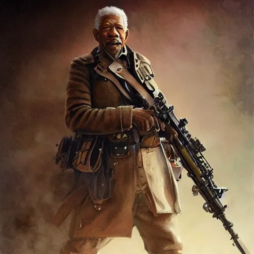 Prompt: Morgan Freeman as a Dieselpunk Steampunk soldier, intricate, highly detailed, digital painting, artstation, concept art, sharp focus, illustration, art by greg rutkowski and alphonse mucha