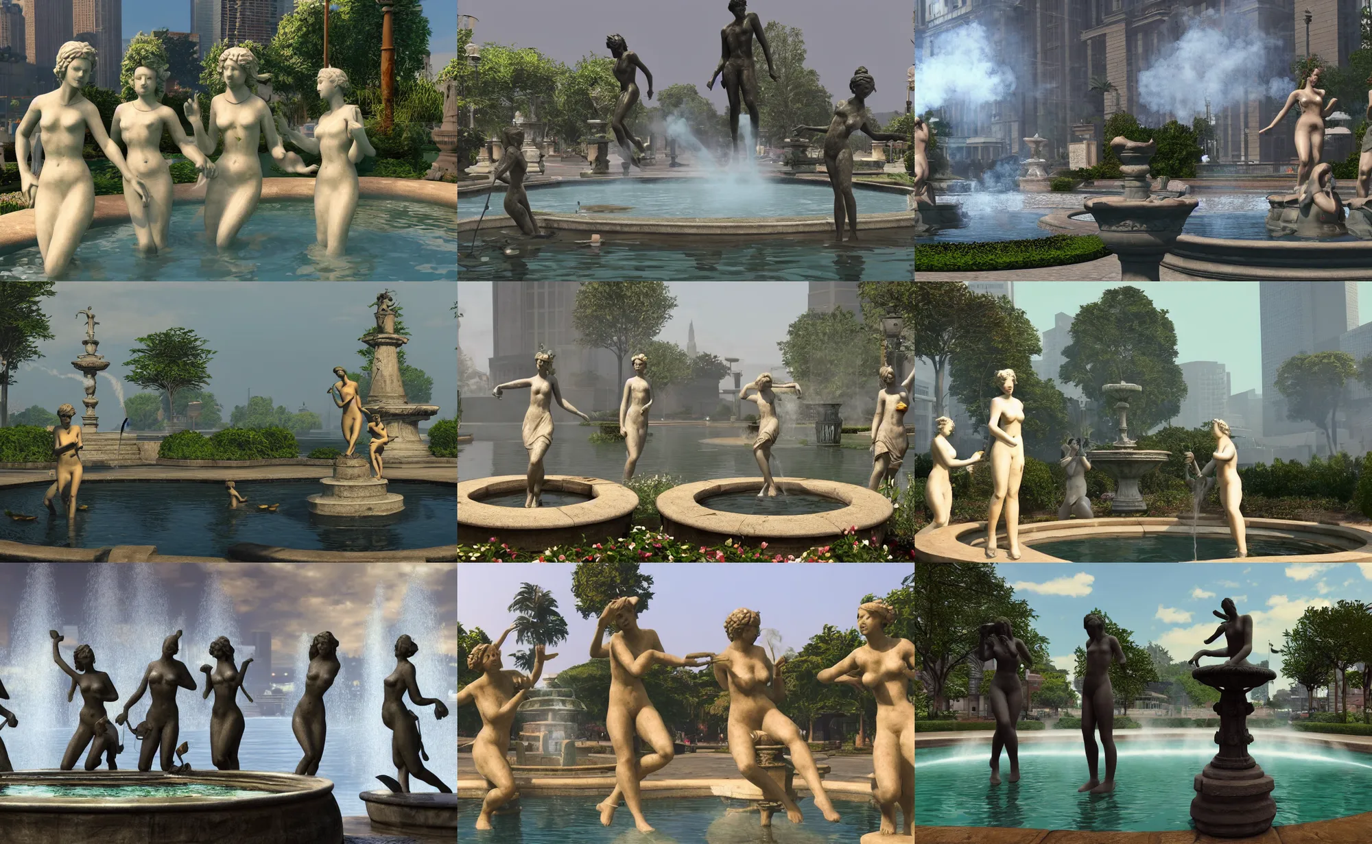 Prompt: a statue of three nymphs circling a fountain, beautiful atmosphere, smoke, cinematic, gta