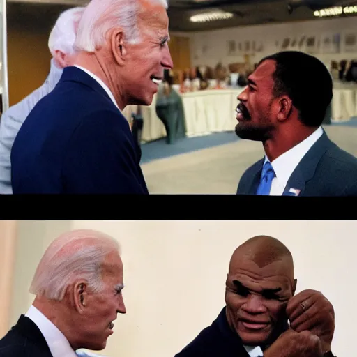 Prompt: joe biden crying whilest looking at mike tyson.