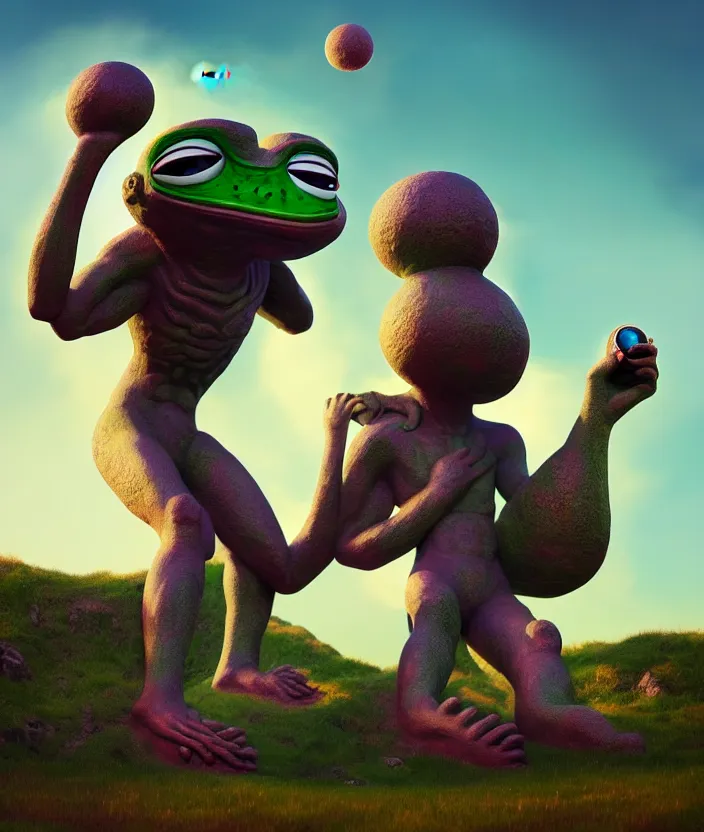 Prompt: giant pepe anunnaki statue, full body, planets, sky, dream, highly detailed, digital painting, refreshing, trending on artstation, octane render, illustration by james jean