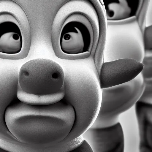 Prompt: black and white distorted Teletubbies with wide open human realistic eyes, highly detailed, sharp focus, octane render, noisy image