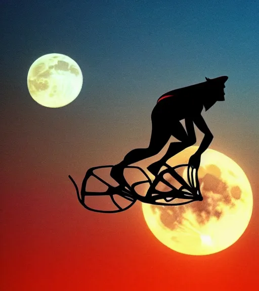 Image similar to superman riding a flying bike across the full moon as silhouette, from the movie e. t. the extra terrestrial, with dark trees in foreground, cinematic frame by steven spielberg, hd