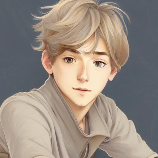 Image similar to young man with short, ash blond greyish hair, light brown eyes, casual clothes, relaxing, happy, path traced, highly detailed, high quality, digital painting, by studio ghibli and alphonse mucha, beautiful details, soft and warm