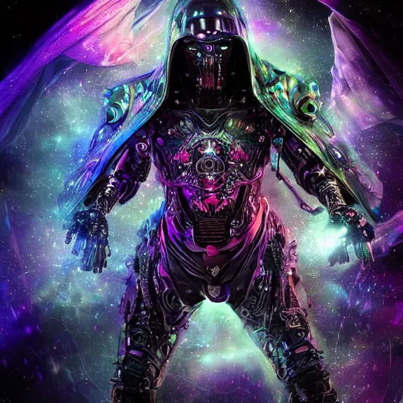 Prompt: Epic dark gritty space scene featuring the iridescent cloaked hooded warrior partially cybernetic entity god of future technology wielding cosmic weaponry, intricate, ornate, gothic, colorful, vibrant, smooth, moody, ominous and intense, crystallic, iridescent, lasers, gems, multicolored glints, precious elements, beautiful, detailed, concept art, render, unreal engine, 4K, artstation
