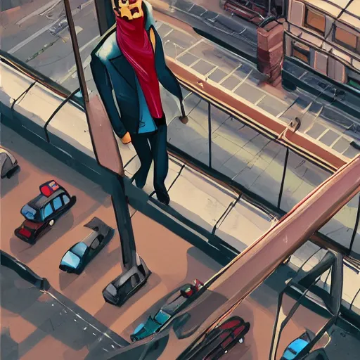 Image similar to a man wearing a scarf and an open suit holding two suitcases high up on a rope between two buildings, top view, cars and trucks and buses below, illustration, digital painting, cartoon, artstation, behance, deviantart