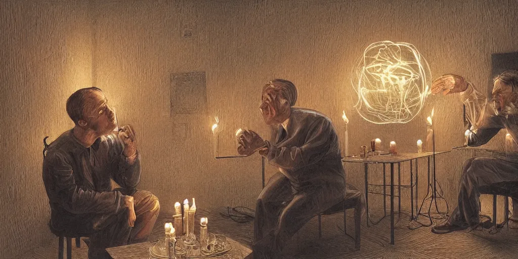 Image similar to two men arguing about neural networks in small room lighted by candles. highly detailed art by trevor brown