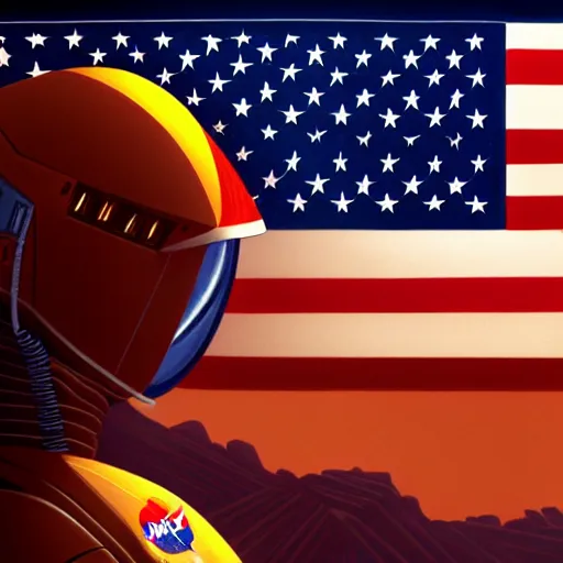 Image similar to 3 / 4 view of a portrait of nasa mars colony with a american flag logo, evangelion, scifi, hyper detailed, digital art, trending in artstation, cinematic lighting, studio quality, frostbite 3 engine rendered, art style by klimt and nixeu and ian sprigger and wlop and krenz cushart