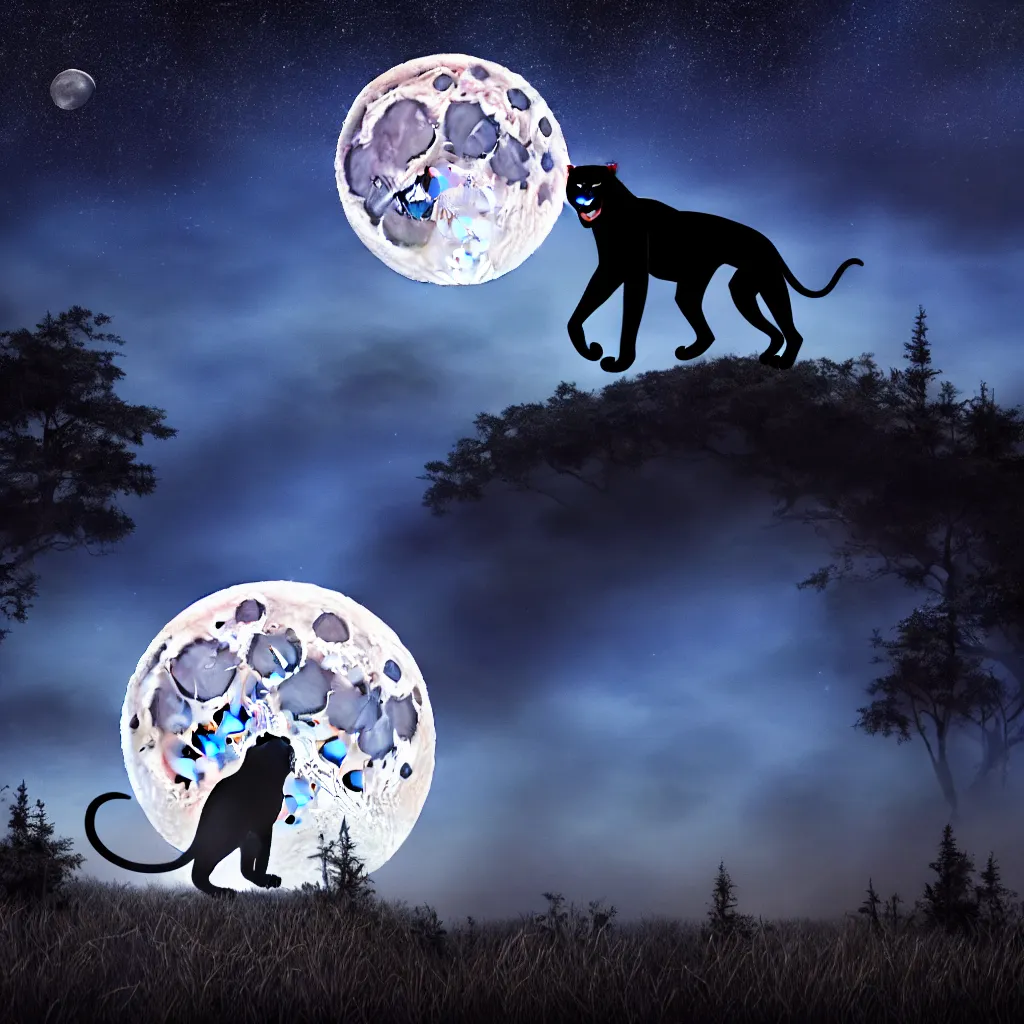 Image similar to a panther roaring at the moon in a forest during the night, large moon in the center. high quality. artistic. illustration. 4 k. cinematic. photoreal. highly detailed. dramatic. dark colors. night.