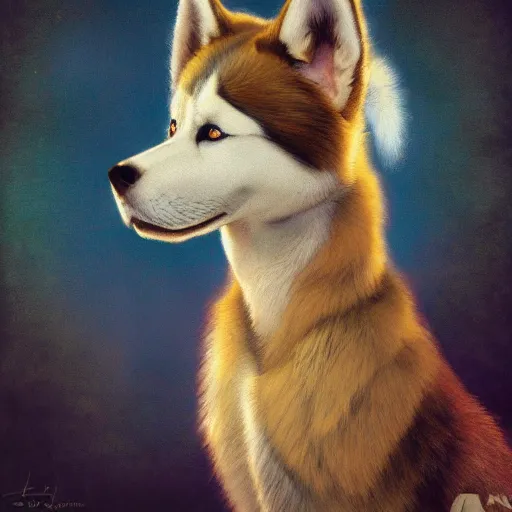 Prompt: furry art of a female husky dogwoman, full body, titian, sam spratt, maxfield parrish, gustav klimt, tom bagshaw, mark ryden, alphonse mucha, rembrandt, 4 k, 8 k, high details, sharp, dramatic lighting, disney, pixar, dreamworks