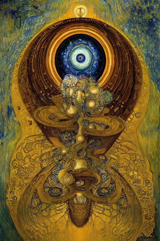 Image similar to The Misericorde by Karol Bak, Jean Deville, Gustav Klimt, and Vincent Van Gogh, otherworldly, fractal structures, arcane, prophecy, ornate gilded medieval icon, third eye, spirals