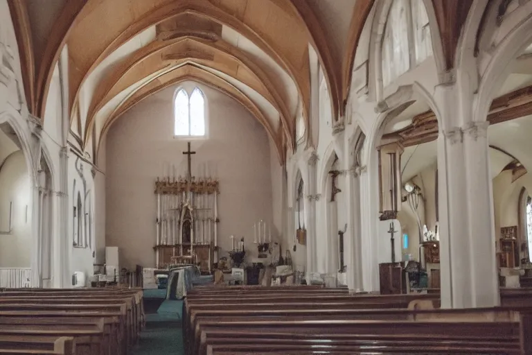 Image similar to low quality photo inside a church but the floor is melting into the universe