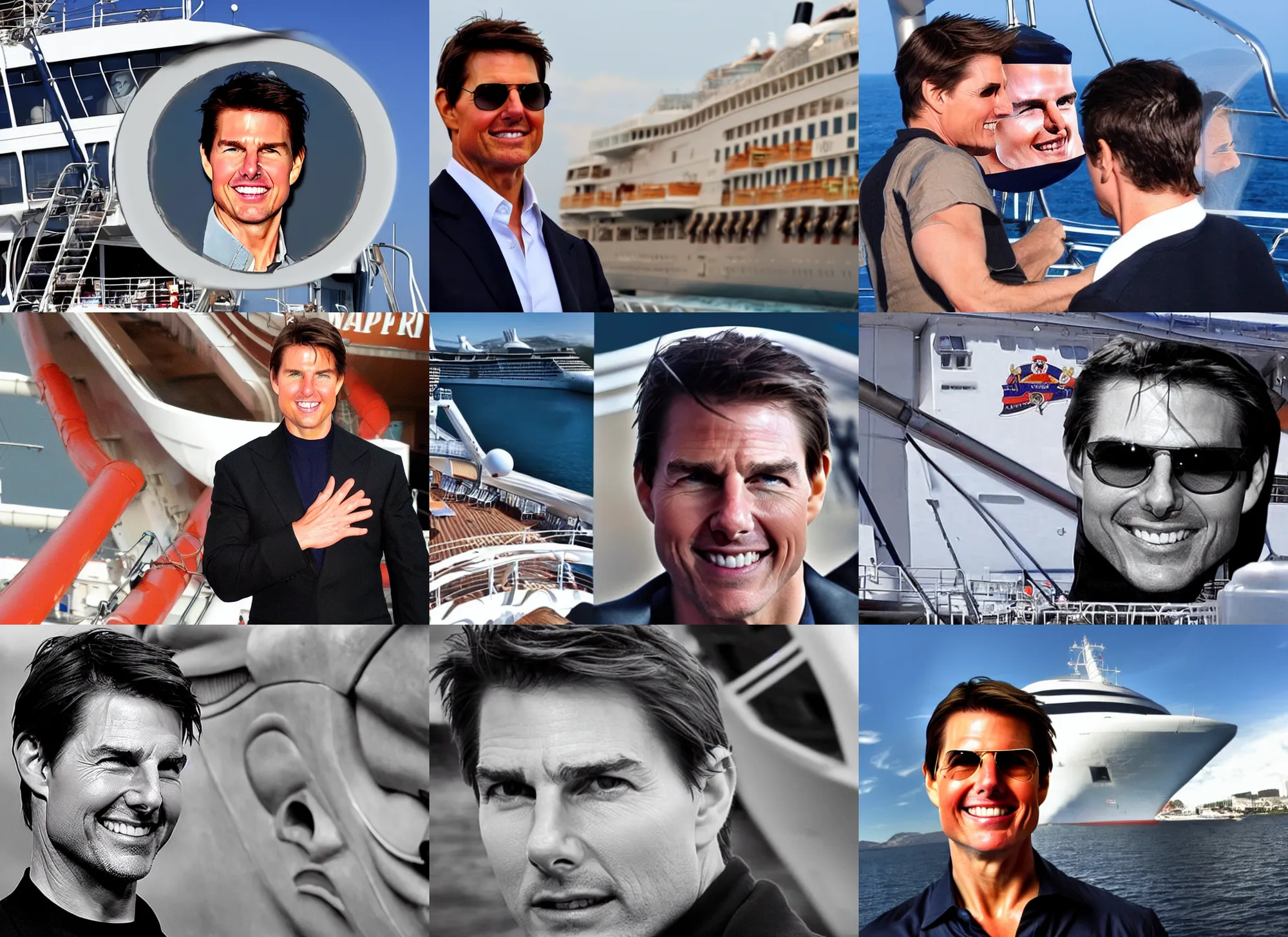 Image similar to tom cruise's face on the bow of a cruise ship