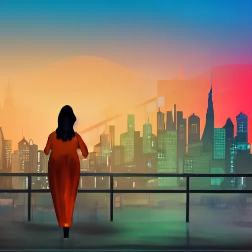 Prompt: a woman becoming digital data, in the background a big city, at sunset, watercolor with orange and blue colors.