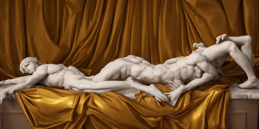 Image similar to baroque delicate full-body marble sculpture of reclining handsome horned teenage demon-boy laying back on a bed with his arm behind his head, gold silk flowing fabric,, Trending on artstation, octane render, cinematic, hyper realism, octane render, 8k, depth of field