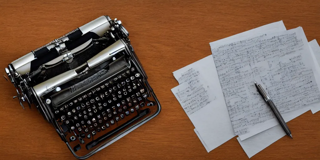 Prompt: an old detailed top - down photograph of a table, old typewriter on a table, paper, pen, warm night light, 8 k, plants