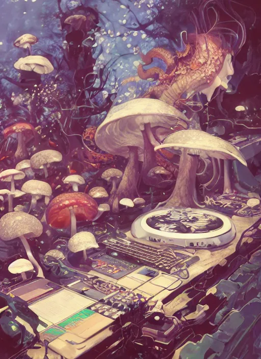 Prompt: surreal gouache painting, by yoshitaka amano, by ruan jia, by Conrad roset, by good smile company, detailed anime 3d render of a wild mushroom Surrounded by magical Dragonflies and a big DJ Mixer, deck, portrait, cgsociety, artstation, rococo mechanical and Digital and electronic, dieselpunk atmosphere