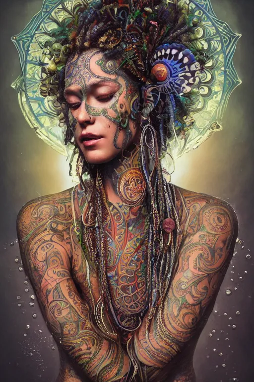 Image similar to a centered render of an mytical festival hippy with tribal tattoos wearing intricate metallic clothing surrounded by a underwater ink pour and flowing liquid gallium and sacred geometry, perfect body and face, gorgeous, cinematic, beautifully lit, by tim okamura, by karol bak, by donato giancola, 3 d, trending on artstation, octane render, 8 k
