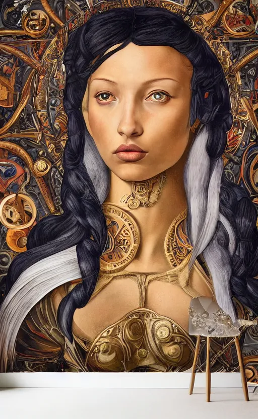 Prompt: beautifully painted mural of a stunning young cyborg muse in ornate royal fabric, black skin, piercing glowing eyes, sci fi scenery, mural in the style of sandro botticelli, caravaggio, albrecth durer