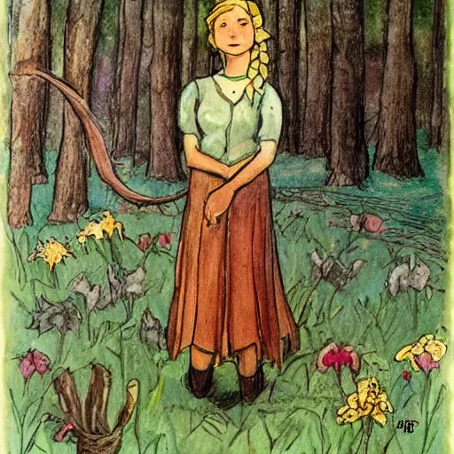 Prompt: the blacksmits’ daughter, working in the forge, fantasy art in the style of Elsa Beskow,