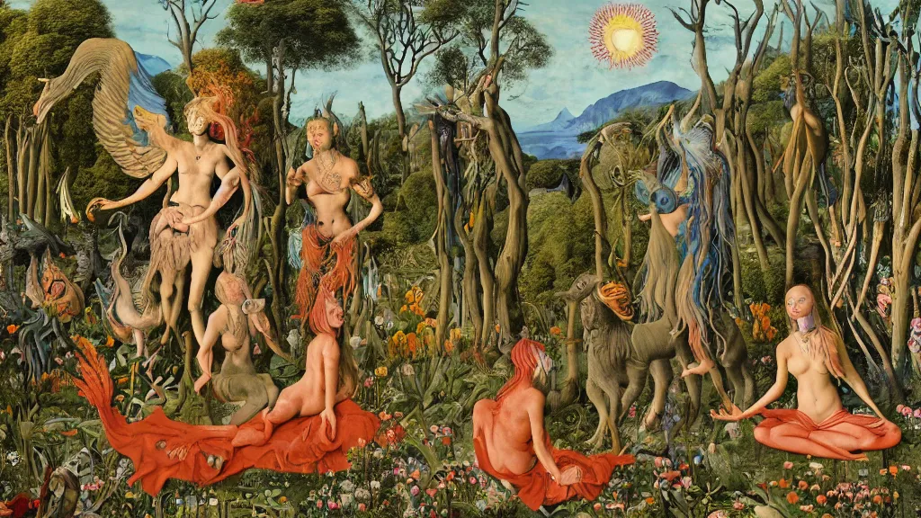 Image similar to a photograph of a meditating centaur shaman and a harpy mermaid mutating into a stampede of beasts. surrounded by bulbous flowers and a few trees. river delta with mountains under a blue sky full of burning stars and birds. painted by jan van eyck, max ernst, ernst haeckel, ernst fuchs and artgerm. trending on artstation