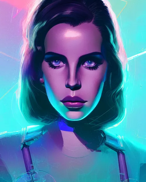 Image similar to portrait of lana del rey as a cyborg. intricate abstract. key art. blue, pink, intricate artwork. by tooth wu, wlop, beeple, dan mumford. 8 k octane render, trending on artstation, greg rutkowski very coherent symmetrical artwork. cinematic, hyperrealism, very detailed, iridescent accents