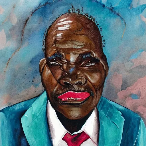 Image similar to a painting of a lovely father with wide forehead, round face, XXL , loving, caring, generous, ever-present, humble, wise elder from Kenya in a suit by Wangechi Mutu . Fatherly/daddy, focused, loving, leader, relaxed,. ethereal lights, details, smooth, sharp focus, illustration, realistic, cinematic, artstation, award winning, rgb , unreal engine, octane render, cinematic light, macro, depth of field, blur, red light and clouds from the back, highly detailed epic cinematic concept art CG render made in Maya, Blender and Photoshop, octane render, excellent composition, dynamic dramatic cinematic lighting, aesthetic, very inspirational, arthouse.