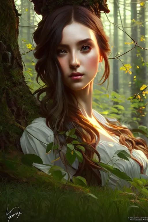 Image similar to beautiful digital painting of a stylish female forest with high detail, 8 k, stunning detail, works by artgerm, greg rutkowski and alphonse mucha, unreal engine 5, 4 k uhd