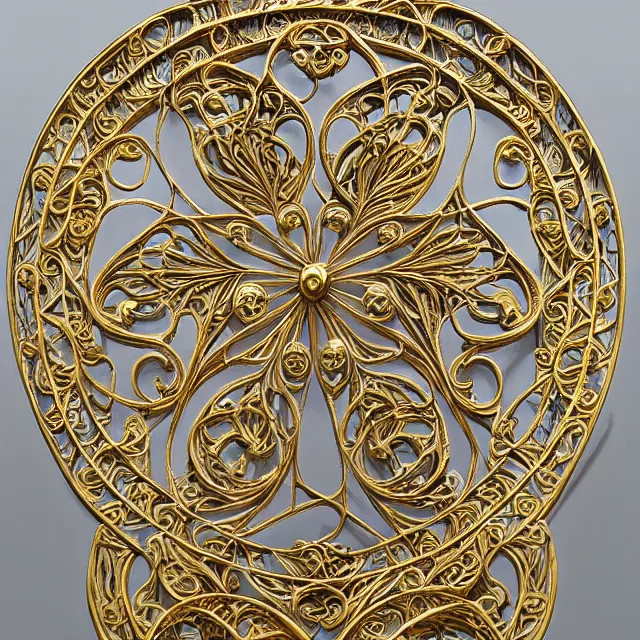 Image similar to a 3 d golden art nouveau carved sculpture of a delicate tracery pattern, intricate and highly detailed, well - lit, ornate, realistic, polished with gold leaf