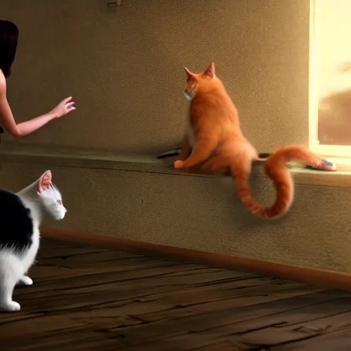 Prompt: two women playing with cats ; photorealistic ; unreal engine