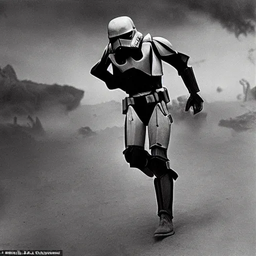 Image similar to falling soldier, republic clone trooper, black - and - white photograph, geonosis, realism, pictorialism, by robert capa, 3 5 mm film, like the moment of death has been frozen forever, groundbreaking photography