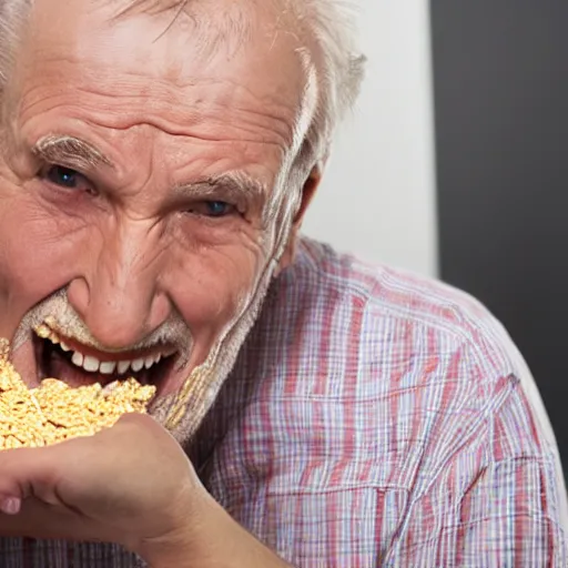 Prompt: stock photo of old man who is terrified of cereal