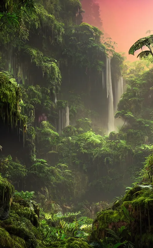 Image similar to a beautiful render of a dark prehistoric rainforest in a humongous cave, lush flora, patches of yellowish - magenta sky, sunset, floating mountains and a waterfall in the background, intricate detail, hazy, humid, volumetric lighting, 8 k, photorealistic, raytracing effects, unreal engine 5