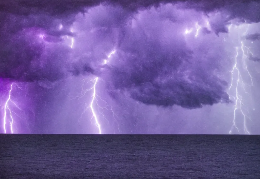 Image similar to purple color lighting storm with stormy sea,pirate ship firing its cannons with a water spout in the background. trippy nebula sky 50mm shot, fear and loathing movie