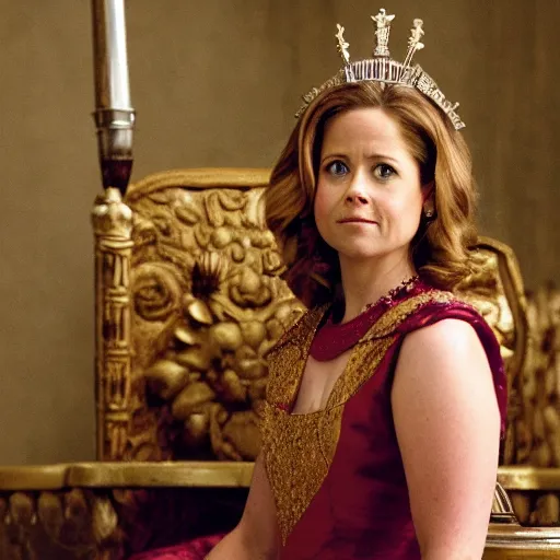 Prompt: Jenna Fischer in Roman queen clothes, sitting on throne, holding court, Norman Rockwell