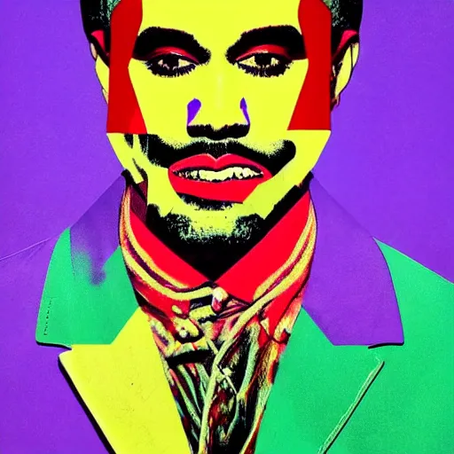 Image similar to kanye west as the joker which dance on the street, on andy warhol style art, hyperrealistic content, high definition content, intricate, delete duplicate content, justify content center, 5 colors