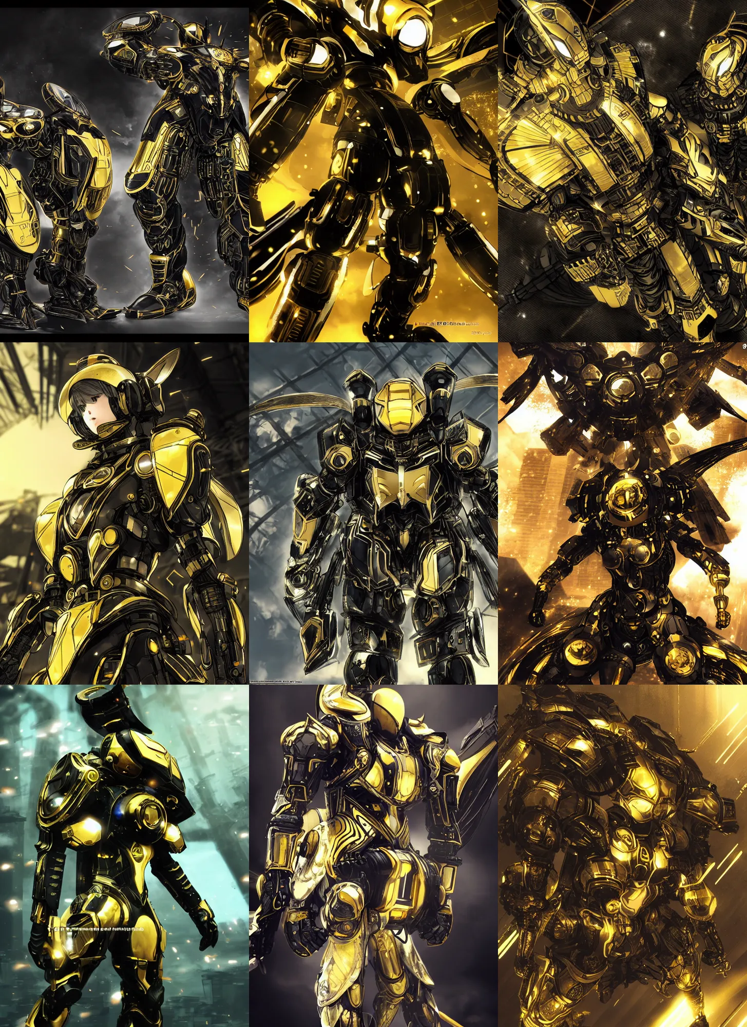 Prompt: black and gold cybertech hornet armor. hidari, color page, tankoban, 4 k, tone mapping, akihiko yoshida.