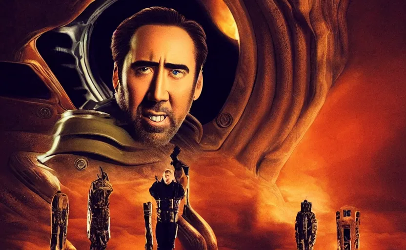 Image similar to Nicholas Cage!! in Dune 2021 by denis villeneuve, screenshot, still, movie poster, wallpaper, movie scene, Dune!
