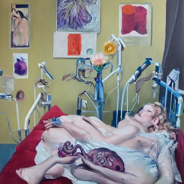 Prompt: portrait of a female art student in a hospital bed, sensual, wilted flowers, squashed berry stains, octopus, scientific glassware, eating rotting fruit, oxygen tank, candlelight, neo - impressionist, surrealism, acrylic and spray paint and oilstick on canvas