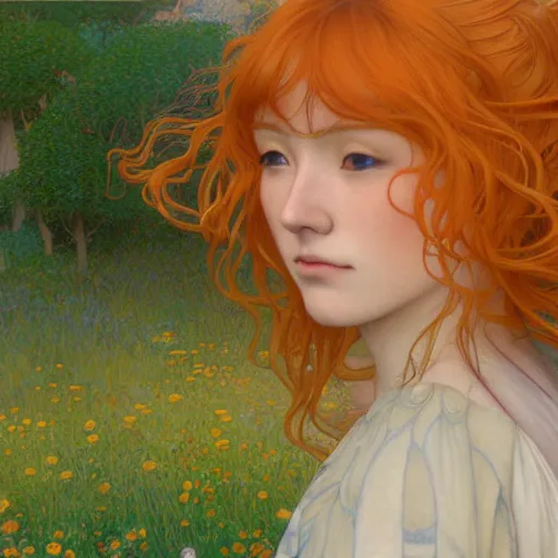 Image similar to A young woman with orange long hair and bangs in shorts and white shirt drawn by Donato Giancola and Makoto Shinkai, Edmund Leighton, Alphonse Mucha, background by James Jean and Gustav Klimt, 4k, porcelain skin, volumetric lighting, komorebi, french nouveau, trending on artstation, octane render, hyperrealistic