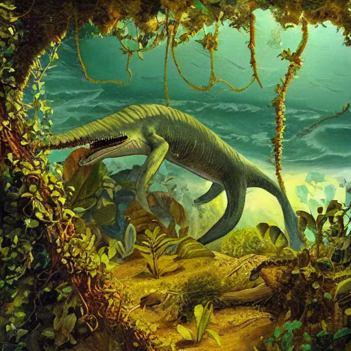 Prompt: plesiosaur, ancient marine reptile, tangled in jungle bramble, ensnared in vines, oil painting, dappled light, global illumination
