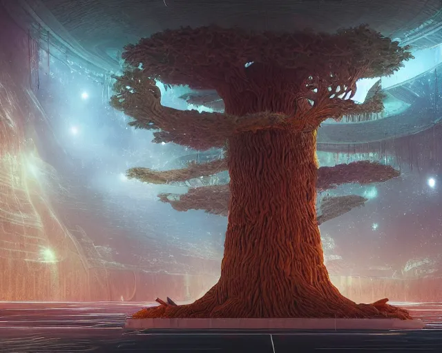 Prompt: The tree of eternal happiness in an otherworldly palace of the dark matter gods, masterpiece, panorama, trending on Artstation by Beeple