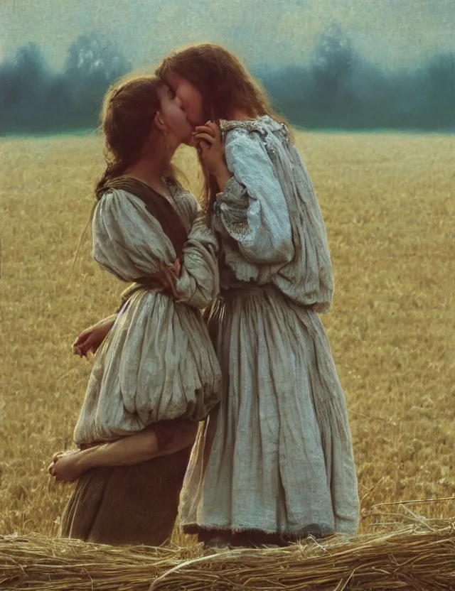 Prompt: two peasant girl kiss over a of hay, lolita style, Cottage core, Cinematic focus, Polaroid photo, vintage, neutral colors, soft lights, foggy, by Steve Hanks, by Serov Valentin, by Andrei Tarkovsky, by Terrence Malick, 8k render, detailed, oil on canvas