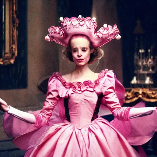 Image similar to an infallible princess wearing a pink dress and cone shaped hat, high resolution film still, live-action film by Tim Burton and Simon Langton