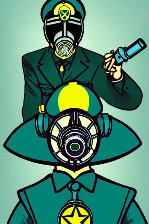 Prompt: cops member departement using gas mask, with blue and green blouse, high member use army hats. pop art, bioshock art style, accurate, detailed, gta chinatown art style, dynamic, face features, body features, ultra realistic, digital art, concept art, smooth, sharp focus, art by richard hamilton and mimmo rottela