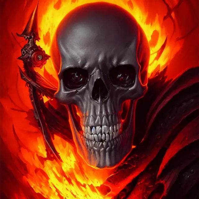 Image similar to evil flaming skull, d & d, fantasy, portrait, highly detailed, headshot, digital painting, trending on artstation, concept art, sharp focus, illustration, art by artgerm and greg rutkowski and magali villeneuve